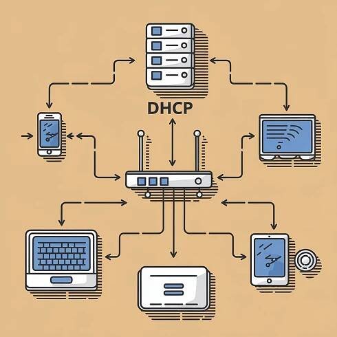 DHCP server dynamicky přiděluje ip adresy zařízením připojeným do sítě. Nemusí se jednat jen o počítače, ale i o mobilní telefony, tiskárny nebo chytré televize. Zdroj: Ideogram.AI
