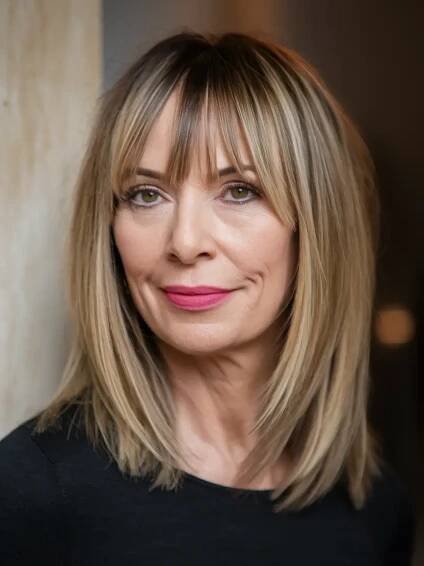 Best Fall 2025 Hair Color Trends for Women 40+ Soft Beige Layers With Natural-Looking Bangs