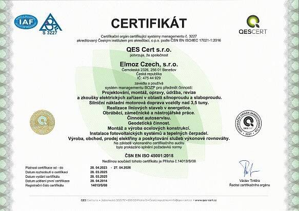 Certifikace - Elmoz Czech, s.r.o.