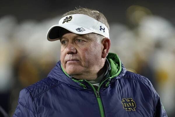 Notre Dame head coach Brian Kelly watches against Southern California in the second half of an NCAA college football game in South Bend, Ind., Saturday, Oct. 23, 2021.
