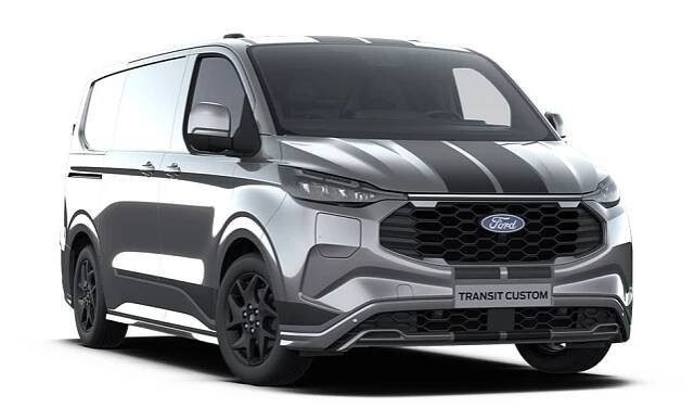 Dunkelgrauer Sport Ford Transit Custom Kleintransporter mit blauen Akzenten.