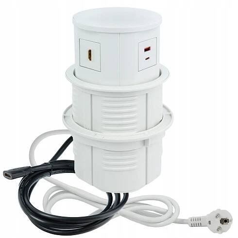 Nabíjecí zásuvka schovaná do bílé desky 2x230V 2xUSB 1xHDMI