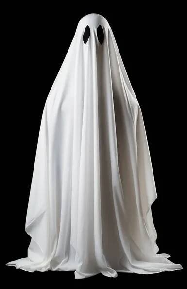 Kostým ducha vyrobený z bílého prostěradla na černém pozadí. Halloween party outfit. — Stock obrázek