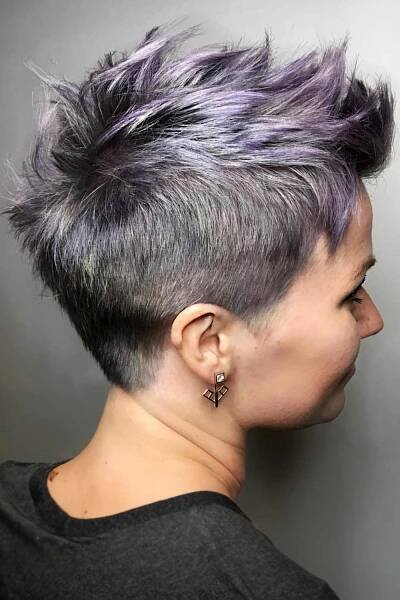 Spiky Grey Pixie with Violet Accents #shortgreyhair #shorthairstyles #greyhairstyles