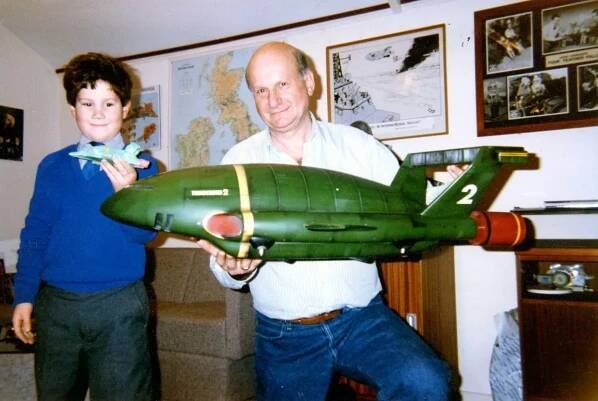Jamie and Gerry Anderson with one of Gerry's Thunderbirds creations