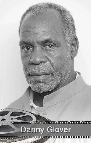 a black and white photo of a man in front of a film strip with the words damny glover on it