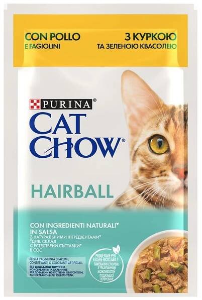 Purina Cat Chow Hairball s kuřetem a zelenými fazolkami v omáčce. S přírodními ingrediencemi, bez umělých aromat a barviv. Obal recyklovatelný.