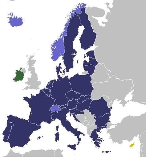 labelled map of Europe showing Schengen Area