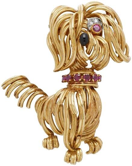 Vintage Gold, Ruby, Diamond and Enamel Dog Brooch