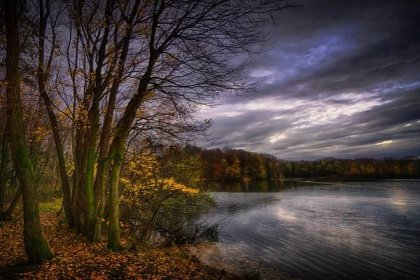 jezero, stromy, západ slunce, krajina, podzim
