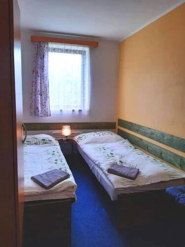Postel nebo postele na pokoji v ubytování Nad rybníkem Hnačov - rodinný rekreační areál