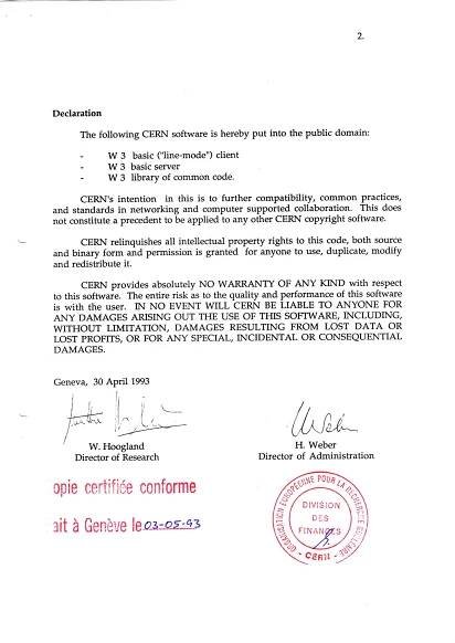 The letter that released the World Wide Web technology into the public domain
