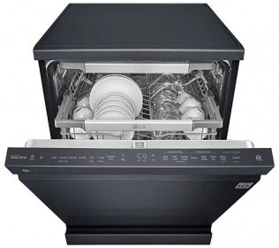 LG THINQ™ Top Control Dishwasher QuadWash™ & TrueSteam®, in black, LG Top Control Smart THINQ Dishwasher, Matte Black, front view featuring SmartRack™ Plus system with dishes, DFB227HM, DFB227HM, thumbnail 8
