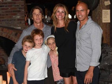 Daniel Moder, Julia Roberts, Kelly Slater, Phinnaeus Moder, Henry Daniel Moder and Hazel Moder attend Kelly Slater, John Moore and Friends Celebrate the Launch of Outerknown on August 29, 2015 in Malibu, California. 