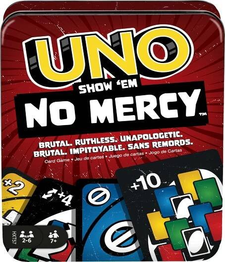 Mattel Games UNO Show ‘em No Mercy Card Game in Storage & Travel Tin for Kids, Adults & Family Night with Extra Cards, Spe...