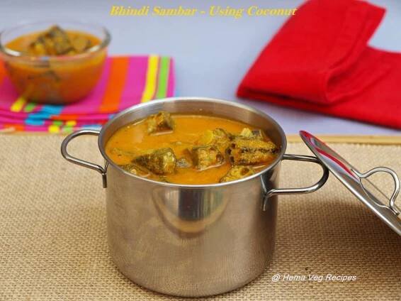 Bendekai Huli or Bhindi Sambar - Using Coconut