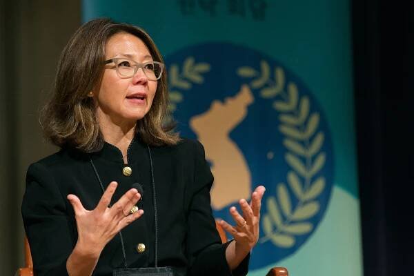 Christine Ahn speaks during the Roundtable for Peace on the Korean Peninsula in Atlanta. Ahn is founder of Women Cross DMZ, a global movement of women mobilizing to end the Korean War. Photo by Mike DuBose, UMNS.