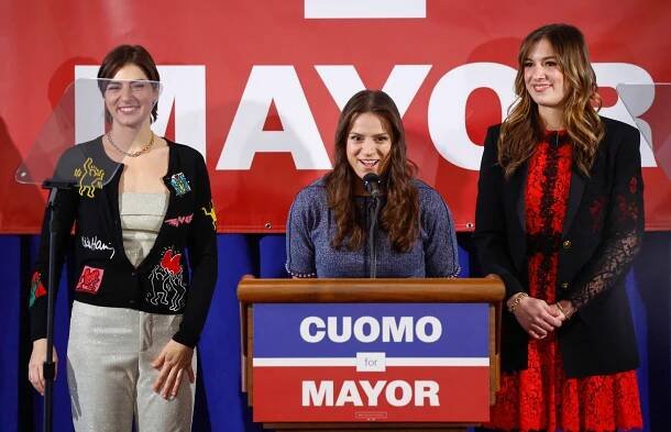 New York City mayoral candidate Andrew Cuomo daughters Michaela, Cara and Mariah Kennedy-Cuomo attend an event at New York City Council of Carpenters in New York on March 2, 2025. 