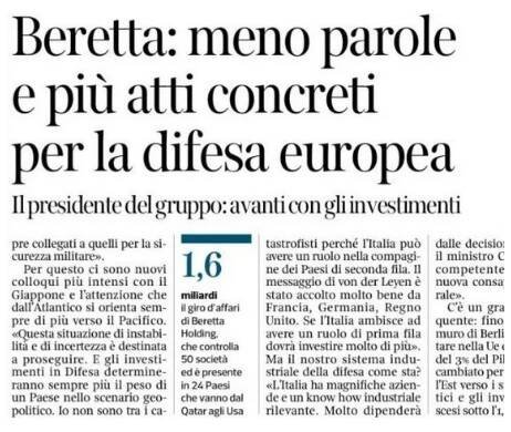 Il Corriere della Sera: more concrete actions for European defense - Beretta Holding