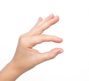 Izolované ženská ruka ukazuje špetka zoom nebo držení objektu — Stock obrázek