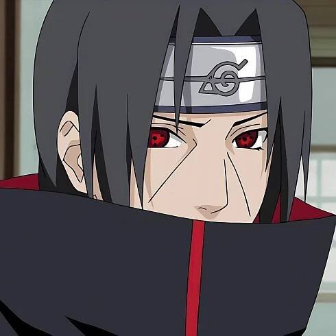 an anime character with red eyes and black hair looking at something in the distance behind him
