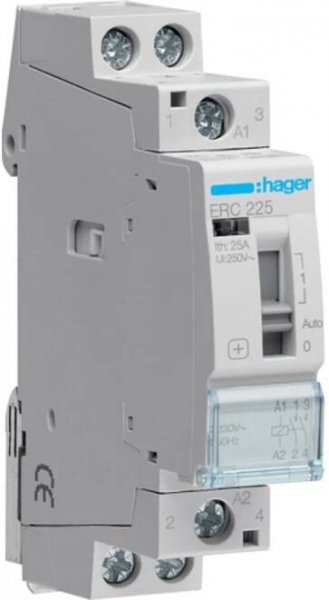 HAGER /ERC125/ stykač 1 pólový s ručním ovládáním, 1x spínací kontakt 25A a cívka 230V pro HDO