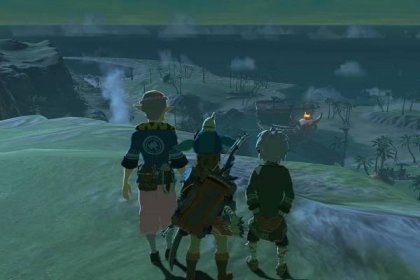 Link standing in a Mokoblin Mask beside Bosnon and Rozel as they see the Lurelin Village is infested with pirates in The Legend of Zelda: Tears of the Kingdom.