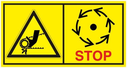 Značení strojů dle ISO 11 684 - Kombinovaný štítek: Nebezpečí řetěz nebo ozubený řemen / Vyčkej před manipulaci nebo otevřením až do úplného zastavení pohybujících se částí (Horizontální)