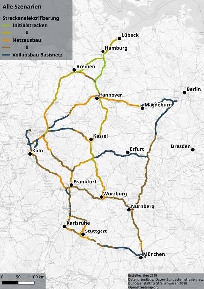 Návrh sítě nákladních trolejbusů v Německu v roce 2013 podle studie ifeu. Začít by se mělo stavbou zelených úseků v oblasti Lübecku a Brém. Na ty navazují postupně další úseky (světle hnědá), poté oranžově vystavěné úseky a končit by se mělo hnědou a modrou barvou. (zdroj: ifeu)