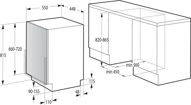 Vestavná myčka Gorenje GV583B10AD, rozměry pro zabudování