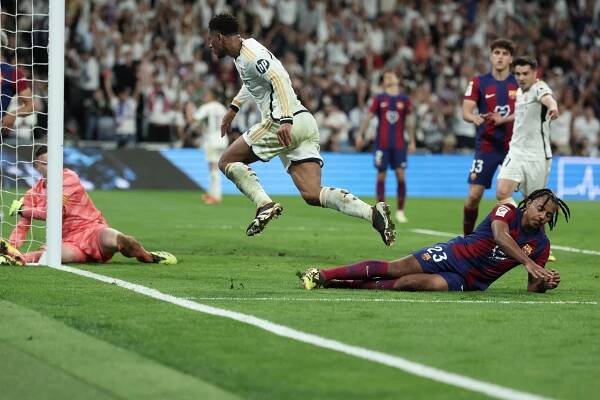 Jude Bellingham scoring a goal for Real Madrid.
