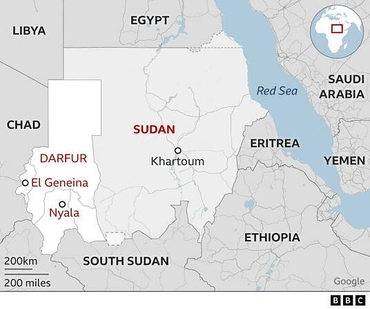 Map showing Darfur and the rest of Sudan and the cities of El Geneina, Nyala and Khartoum