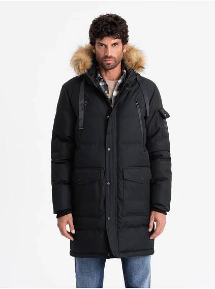 Ombre Clothing Pánská dlouhá teplá bunda parka s kapucí - černá V2 OM-JALJ-0182