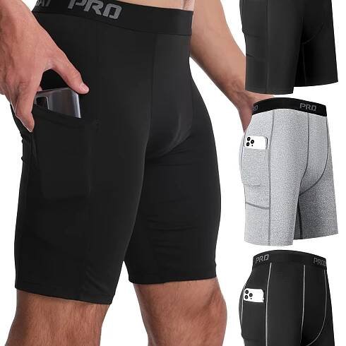 3pcs *'s Athletic Running Boxer Briefs with Pockets - *, Stretch Compression Shorts for Sports & Gym, Breathable Polyester-Spandex Blend, Bl
