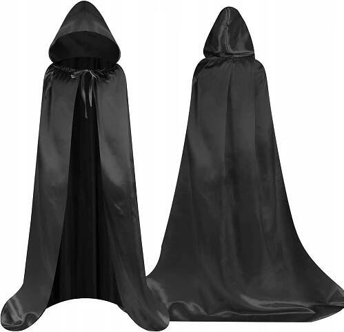 HALLOWEEN PLÁŠŤ S KAPUCÍ ČERNÁ ČARODĚJKA ČARODĚJ KOSTÝM