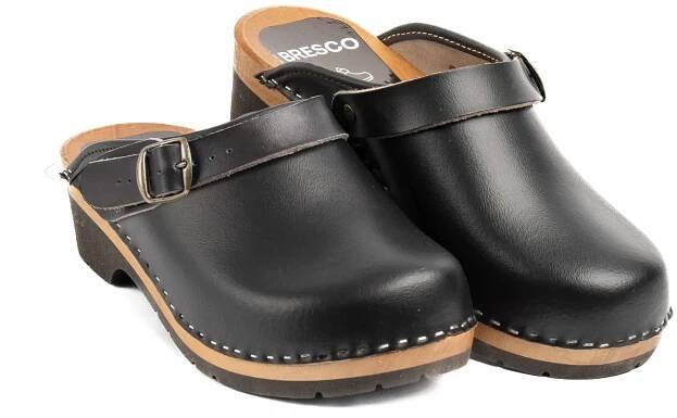 Victoria - Black Leather Wooden Clogs