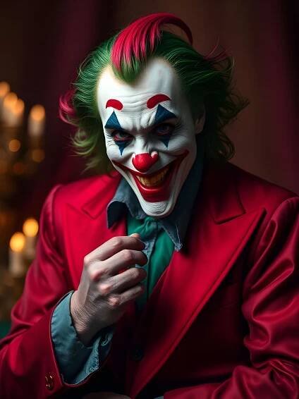 Joker, portrét usmívajícího se muže s legračním klaunským make-upem na tváři a obarvenými vlasy, který pózuje v červeném smokingovém obleku