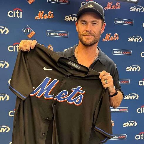 Chris Hemsworth at the NY METS game on June 13 promoting his upcoming film Extraction 2 on Netflix