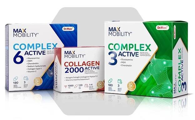Doplňky stravy Dr. Max Max Mobility. Complex 3 Active, Complex 6 Active, Collagen 2000 Active