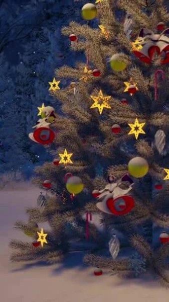 Detailní pohled zdola na vánoční stromek zdobený vánočními míčky a další výzdobou venku v zasněženém jedlovém lese za tmavé sněhové noci. Žádný člověk slavnostní koncept vertikální 3D animace. — Stock záběr