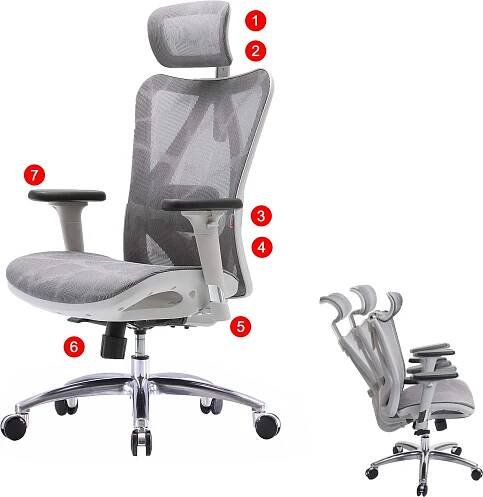 Kancelářská židle SIHOO Kancelářská židle, ergonomická, nastavitelné područky, nosnost 150 kg potah šedý, rám bílý