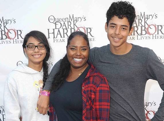 Shar Jackson with daughter Kori and son Kaleb arrive for The Queen Mary's Dark Harbor Media And VIP Night on September 28, 2018 in Long Beach, California. 