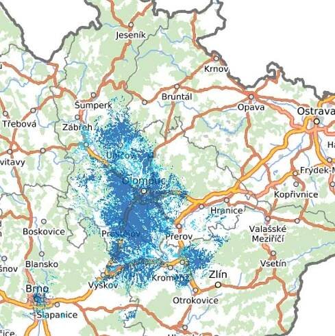 Pokrytí  signálem 5G od společnosti O2 v Olomouckém kraji podle webu Českého telekomunikačního úřadu, leden 2022