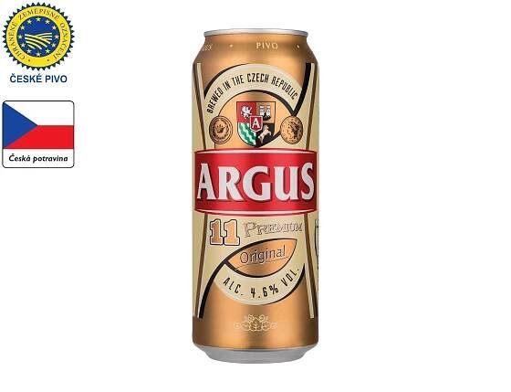Plechovka piva Argus Premium Original, vařené v České republice.