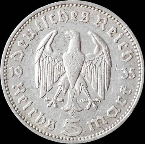 Německo - 5 Marka 1935 J Hindenburg - stříbrná mince