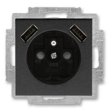 ABB Levit M Zásuvka s kolíkem s clonkami s nabíjením 2x USB onyx/kouřová černá
