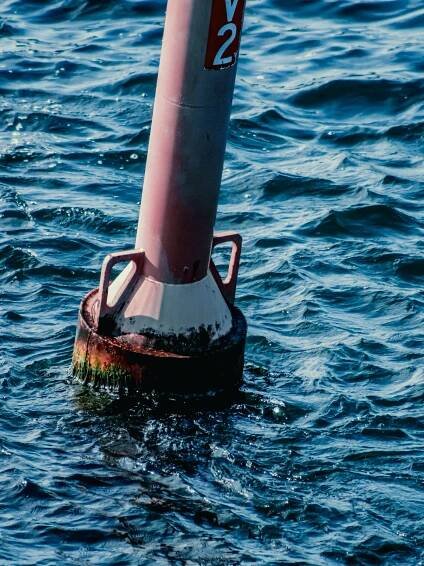 Red and white buoy floating on rippling blue water