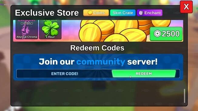 A close-up of the Store screen in Fish It, a Roblox experience, showing the text box where you can redeem codes in-game.