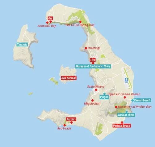 Map of Things to Do in Santorini, Greece