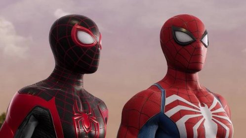 A screenshot of Miles Morales and Peter Parker looking off into the distance.